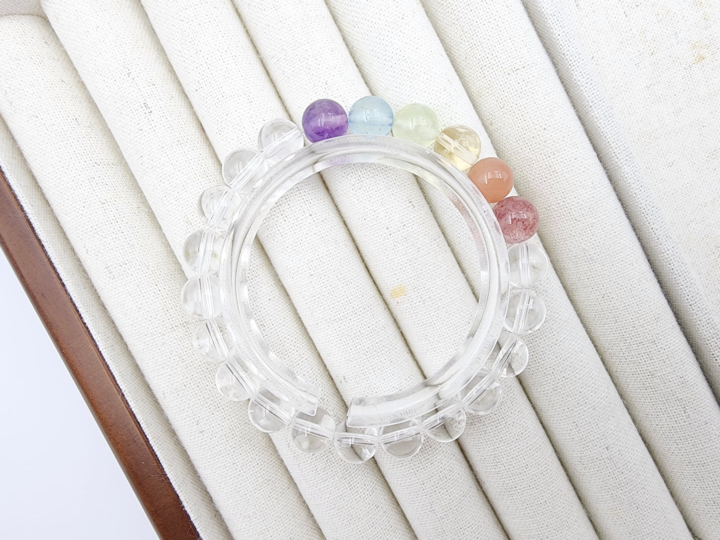 [Bracelet] 8mm Rainbow Energy Healing Bracelet: Clear Quartz with Strawberry Quartz, Orange Moonstone, Yellow Quartz, Prehnite, Aquamarine, and Purple Quartz