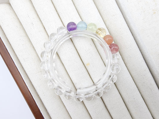 [Bracelet] 8mm Rainbow Energy Healing Bracelet: Clear Quartz with Strawberry Quartz, Orange Moonstone, Yellow Quartz, Prehnite, Aquamarine, and Purple Quartz
