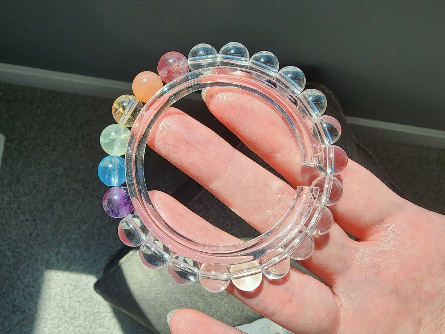[Bracelet] 8mm Rainbow Energy Healing Bracelet: Clear Quartz with Strawberry Quartz, Orange Moonstone, Yellow Quartz, Prehnite, Aquamarine, and Purple Quartz