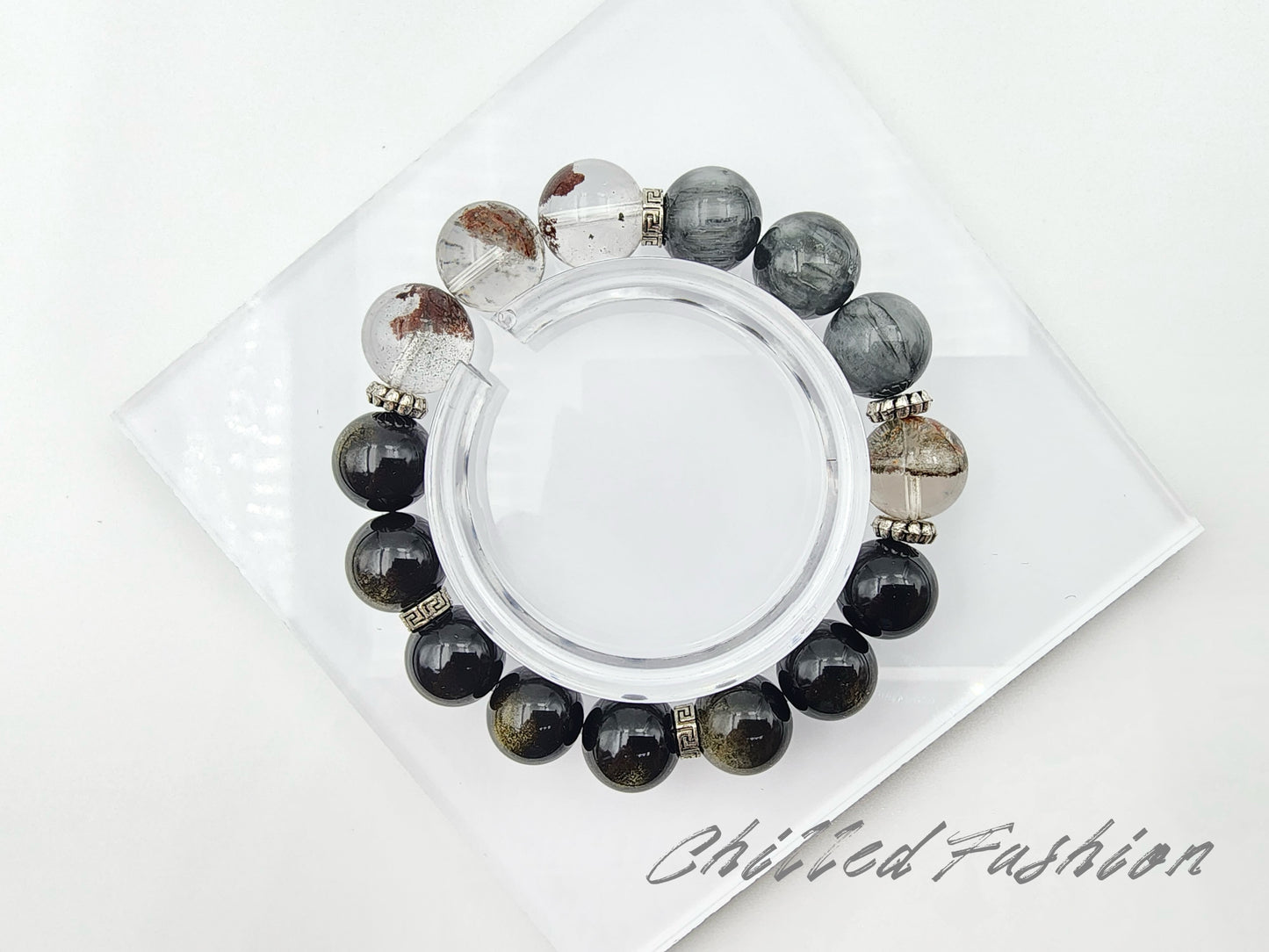 [Bracelet] 12mm Grounding and Focus Crystal Bracelet – Hawk’s Eye, Phantom Quartz, Gold Sheen Obsidian