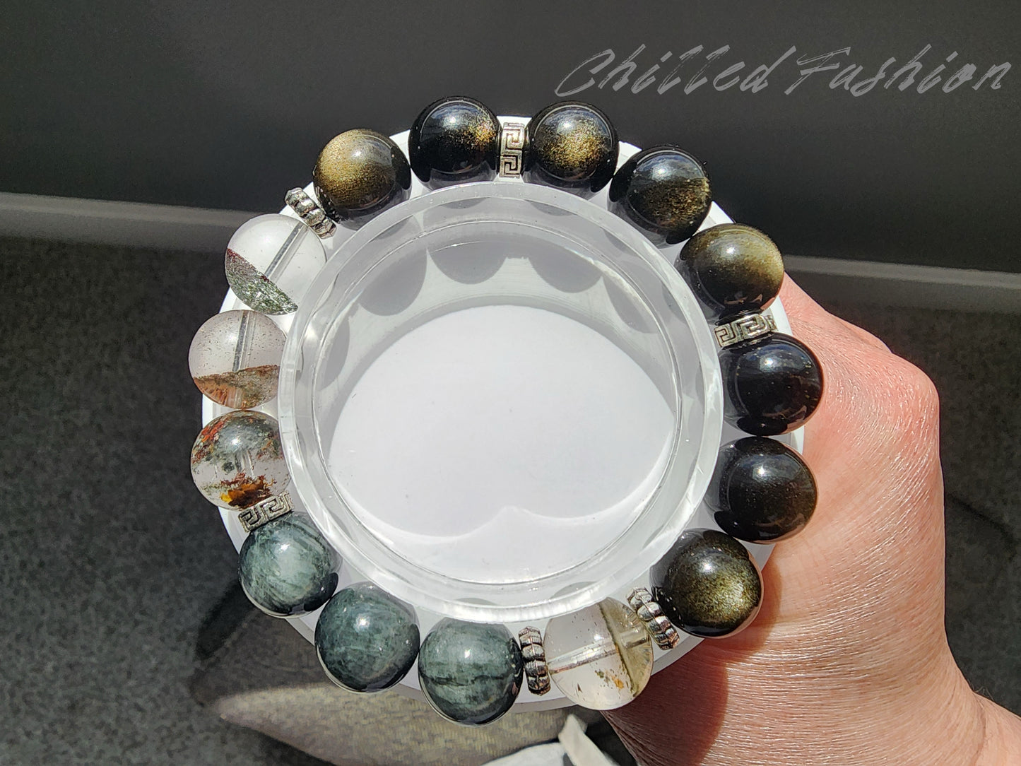 [Bracelet] 12mm Grounding and Focus Crystal Bracelet – Hawk’s Eye, Phantom Quartz, Gold Sheen Obsidian
