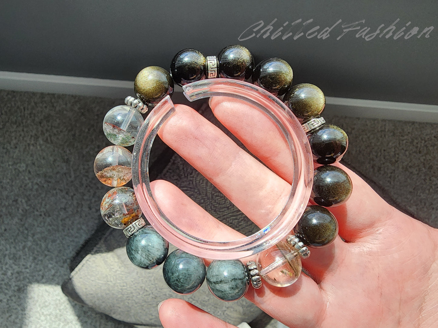 [Bracelet] 12mm Grounding and Focus Crystal Bracelet – Hawk’s Eye, Phantom Quartz, Gold Sheen Obsidian