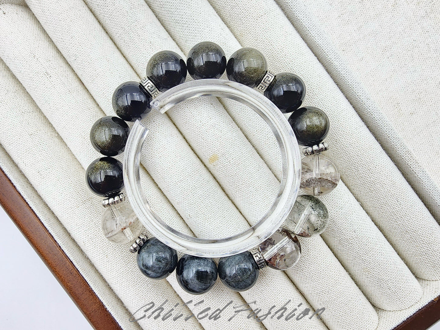 [Bracelet] 12mm Grounding and Focus Crystal Bracelet – Hawk’s Eye, Phantom Quartz, Gold Sheen Obsidian