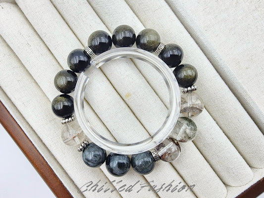 [Bracelet] 12mm Grounding and Focus Crystal Bracelet – Hawk’s Eye, Phantom Quartz, Gold Sheen Obsidian