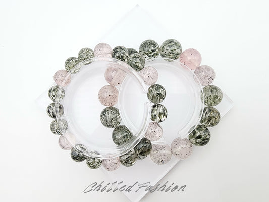 [Bracelet] Green Mica in Clear Quartz and Rose Quartz Beads Bracelet