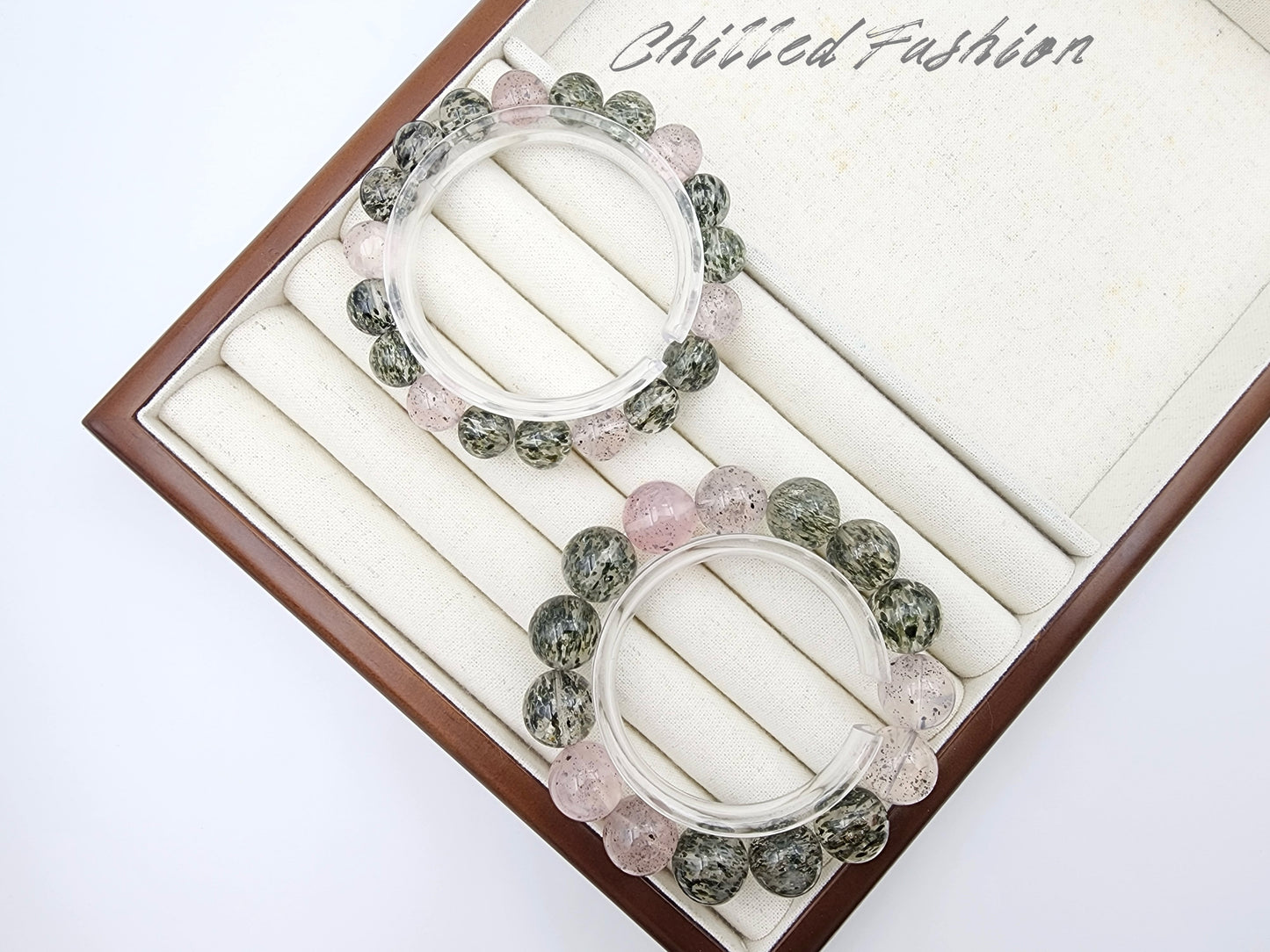 [Bracelet] Green Mica in Clear Quartz and Rose Quartz Beads Bracelet