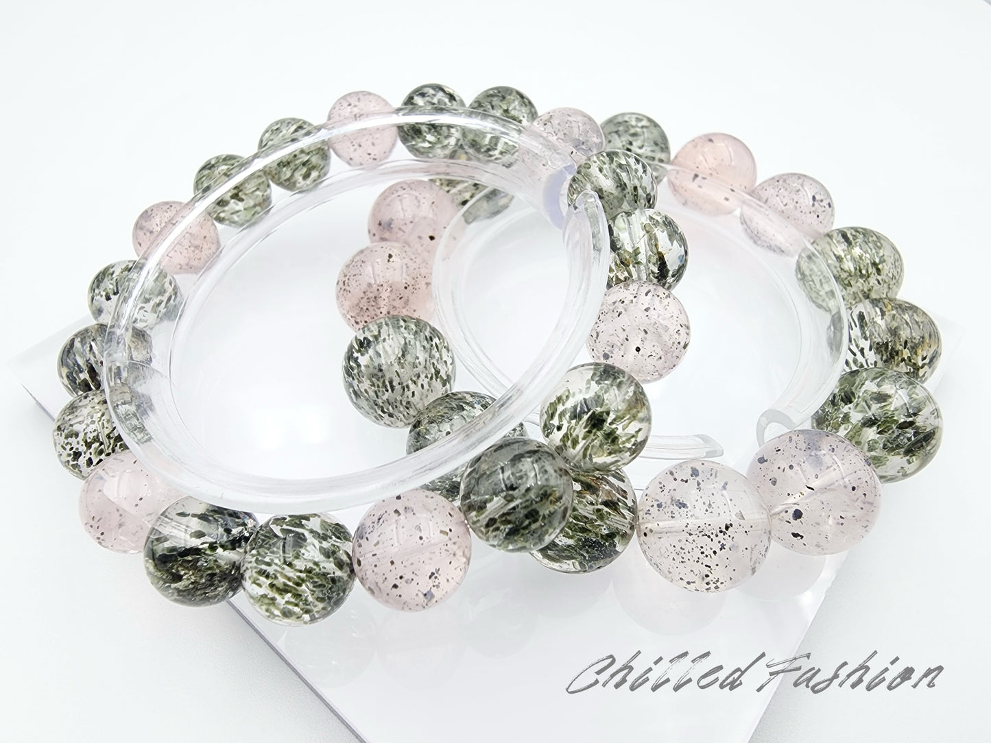 [Bracelet] Green Mica in Clear Quartz and Rose Quartz Beads Bracelet