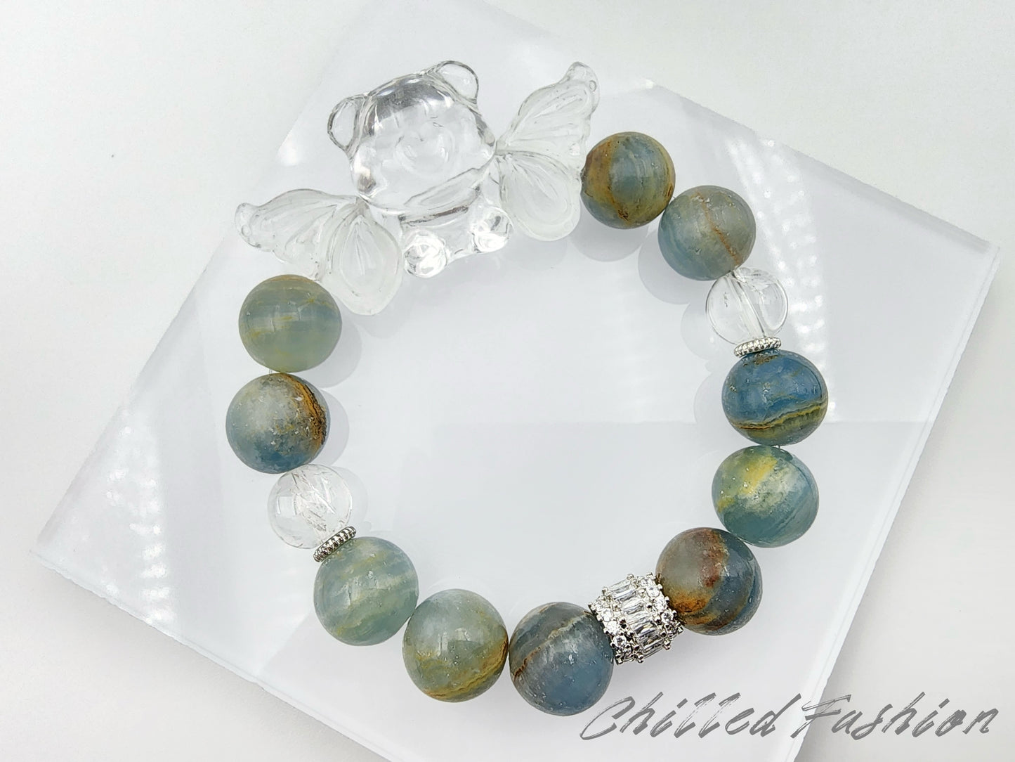 [Bracelet] Natural 12mm Blue Calcite Beaded Bracelet with Clear Quartz Bear and Wings