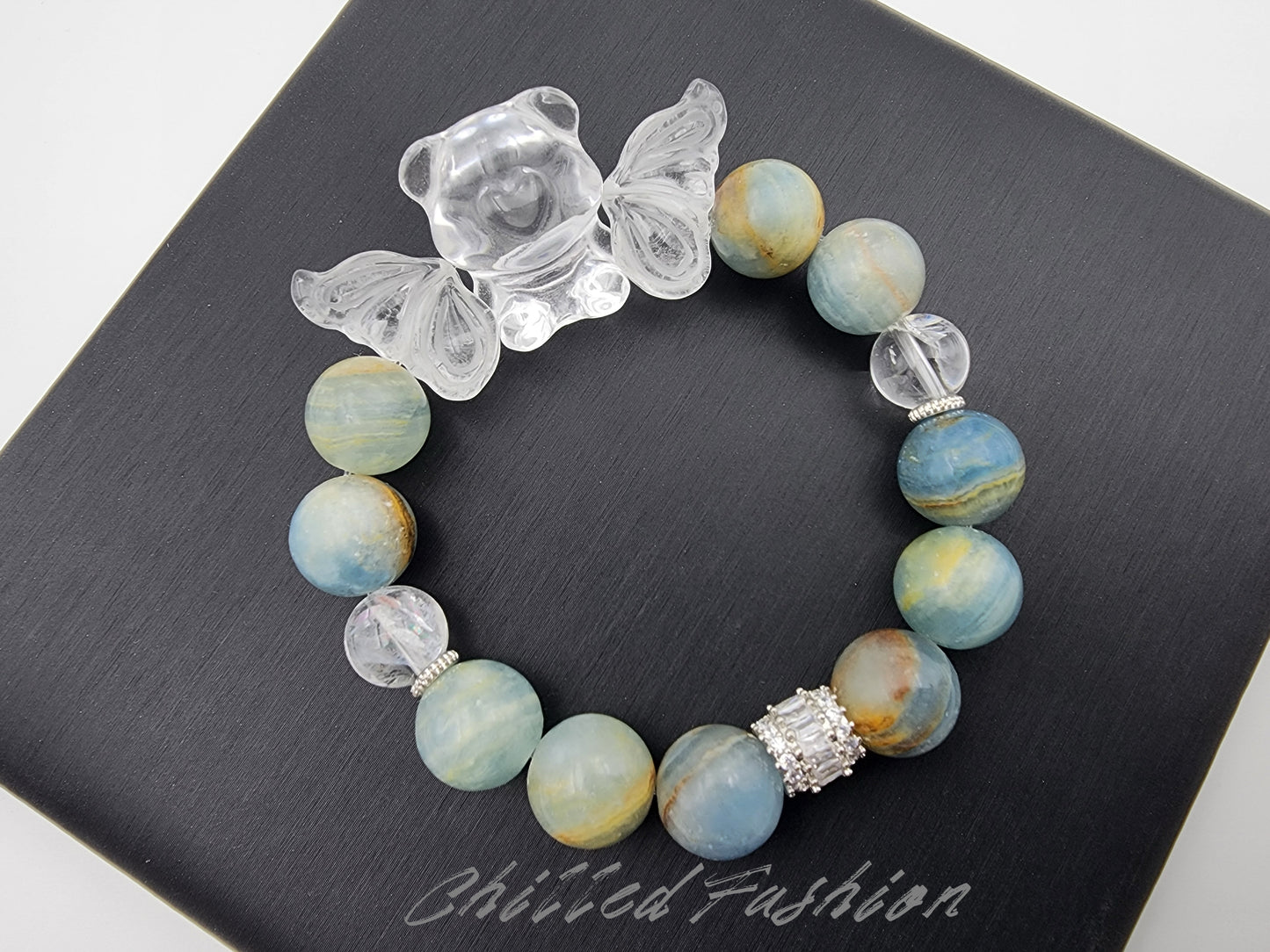 [Bracelet] Natural 12mm Blue Calcite Beaded Bracelet with Clear Quartz Bear and Wings