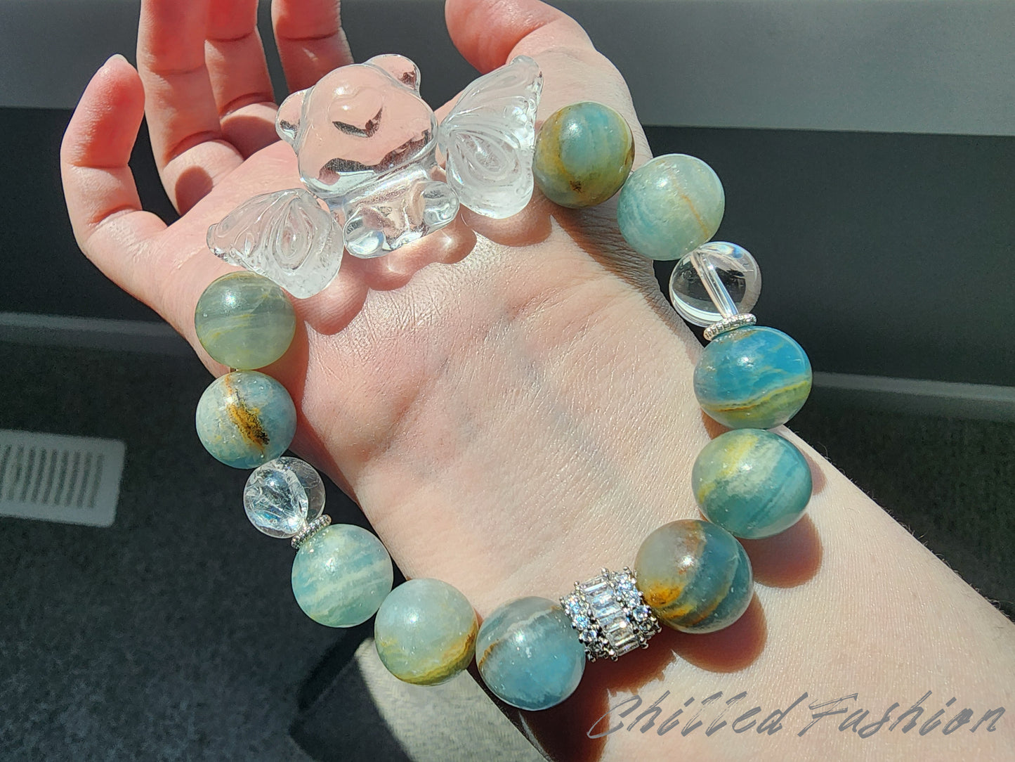 [Bracelet] Natural 12mm Blue Calcite Beaded Bracelet with Clear Quartz Bear and Wings