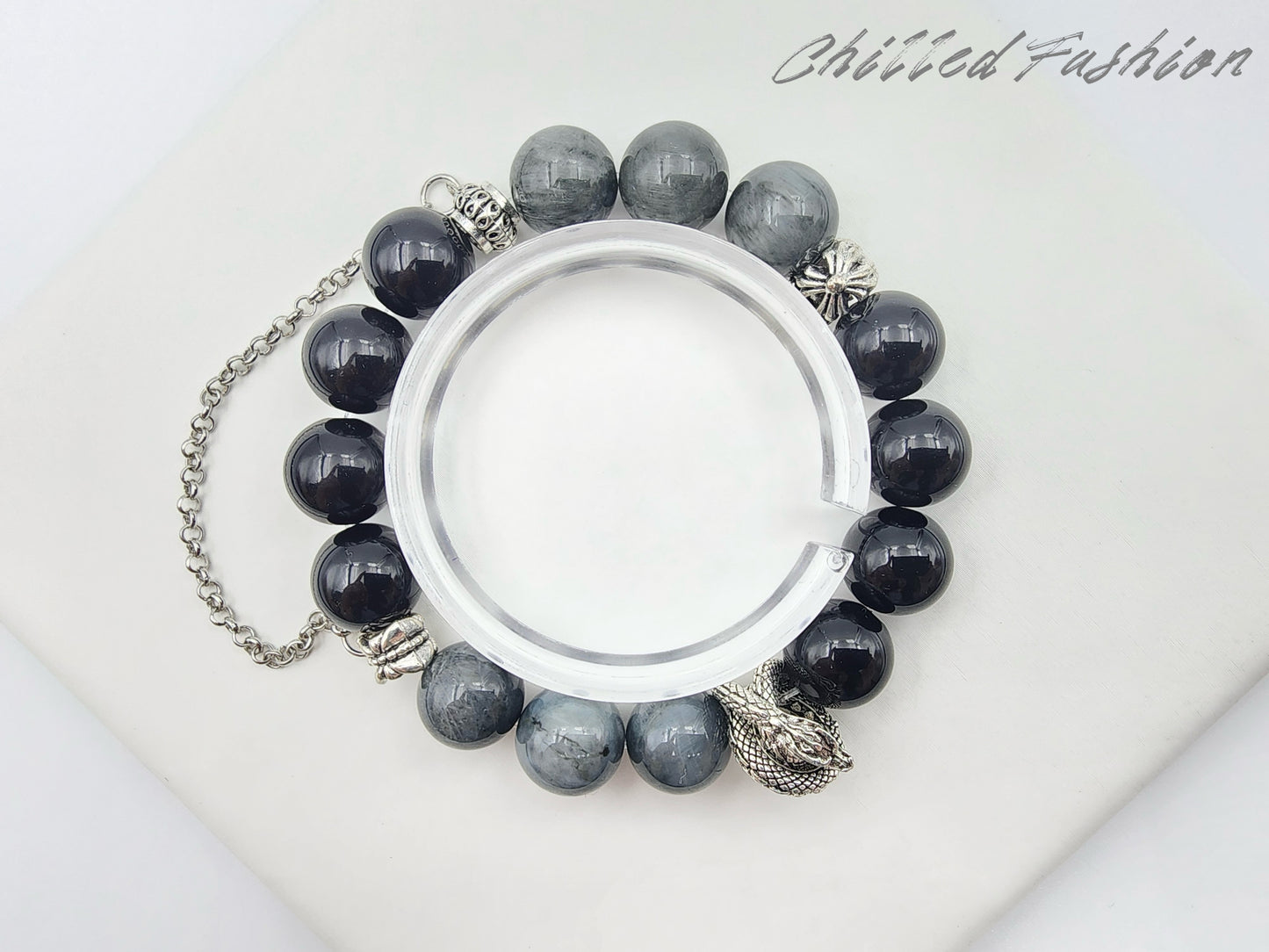 [Bracelet] Natural 12mm Hawk’s Eye and Obsidian Bracelet