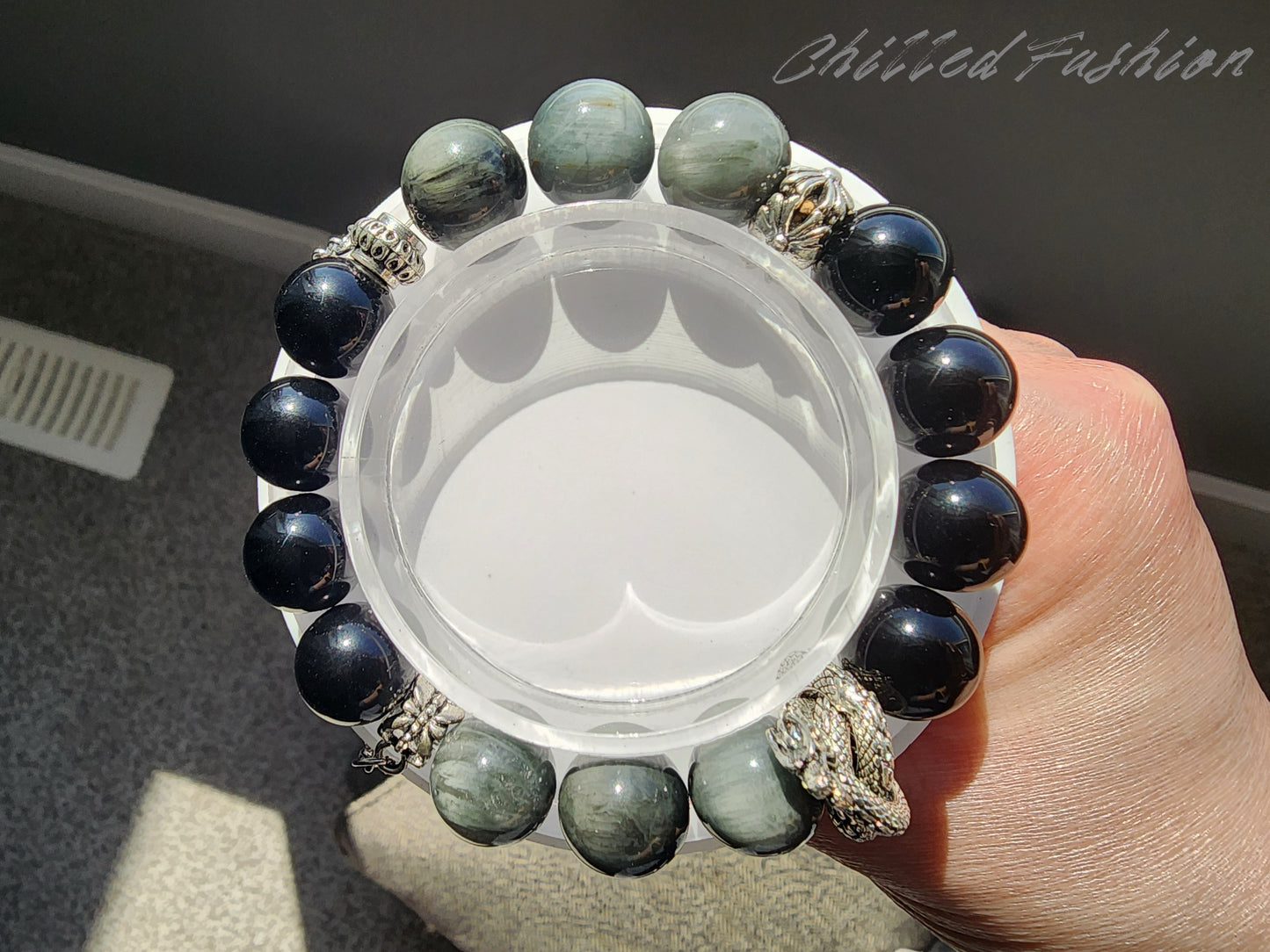[Bracelet] Natural 12mm Hawk’s Eye and Obsidian Bracelet