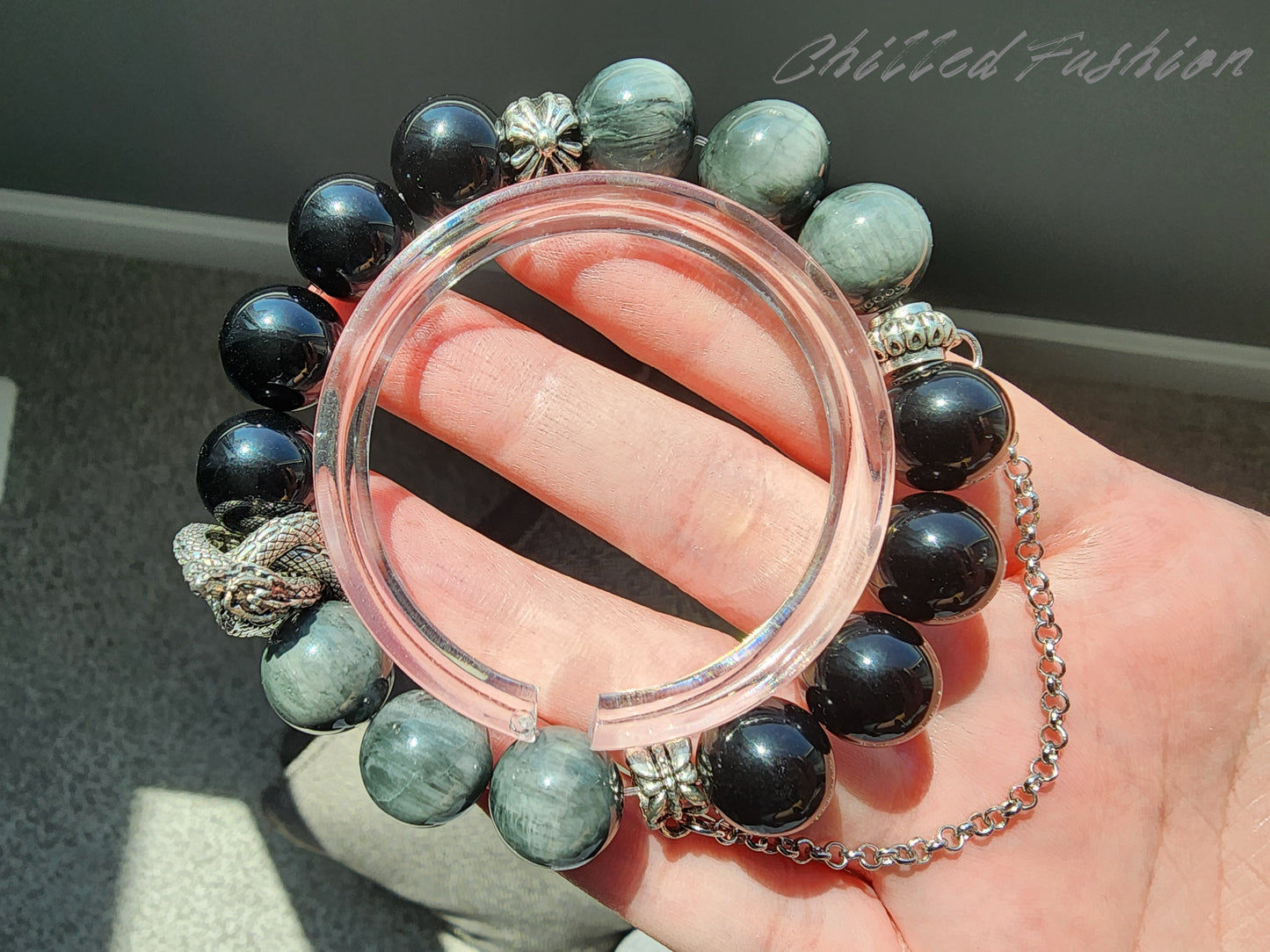 [Bracelet] Natural 12mm Hawk’s Eye and Obsidian Bracelet