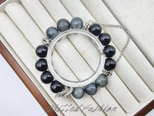 [Bracelet] Natural 12mm Hawk’s Eye and Obsidian Bracelet