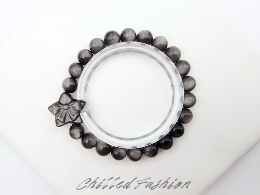 [Bracelet] 8mm Silver Sheen Obsidian Bracelet with Star Accent