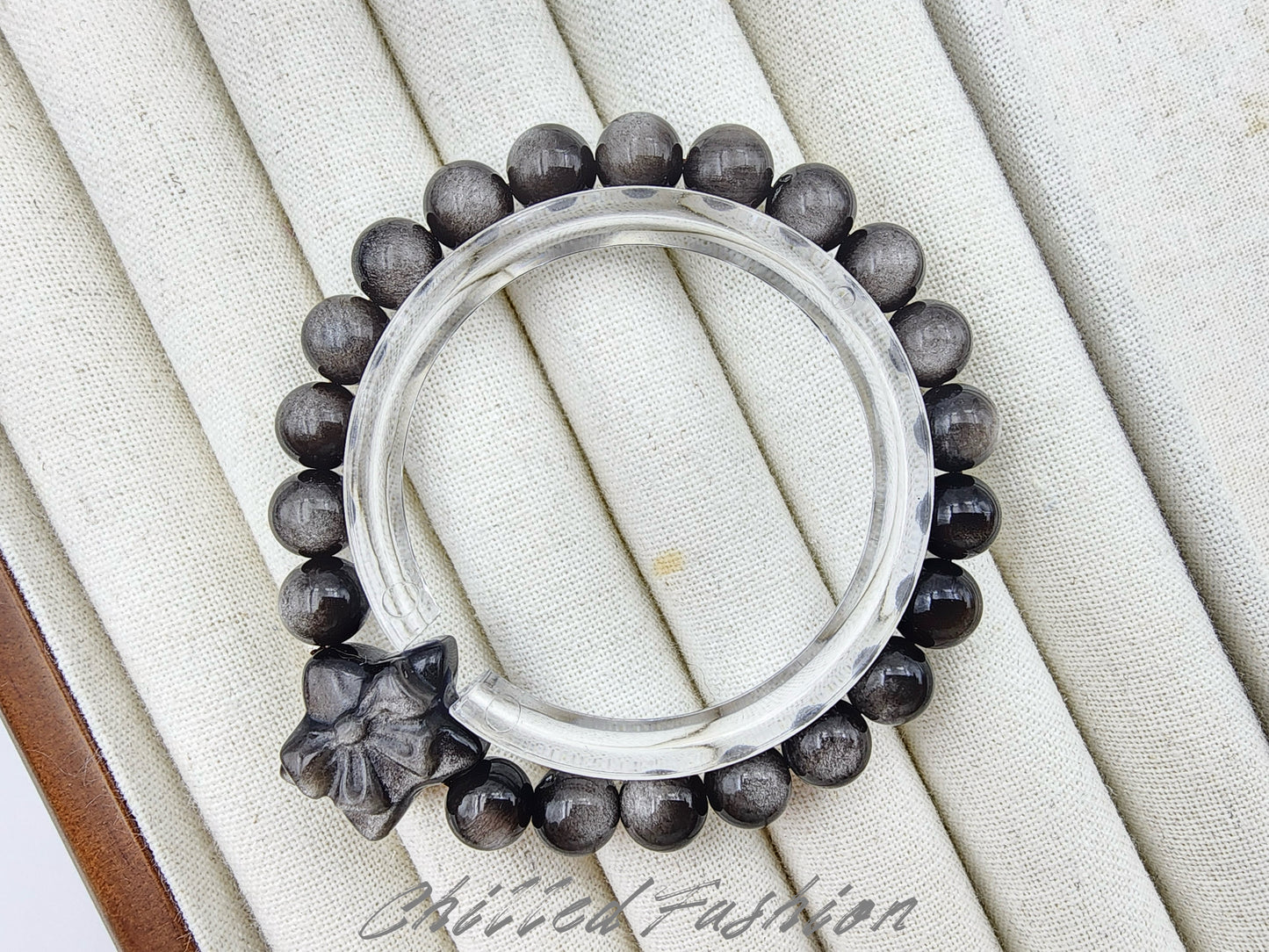 [Bracelet] 8mm Silver Sheen Obsidian Bracelet with Star Accent