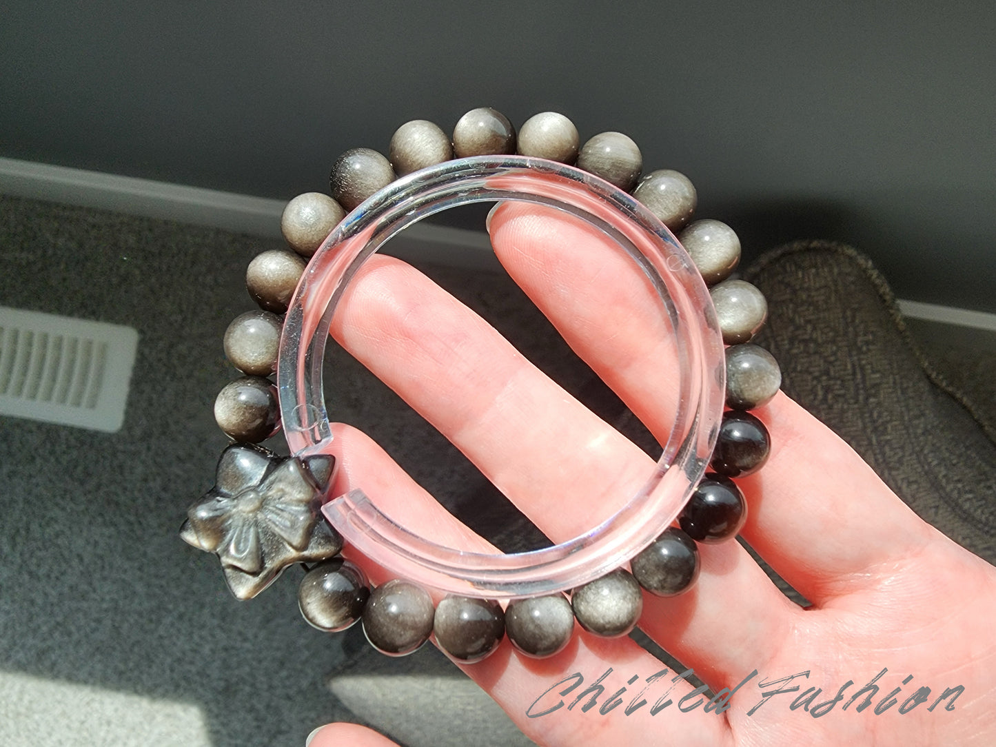 [Bracelet] 8mm Silver Sheen Obsidian Bracelet with Star Accent