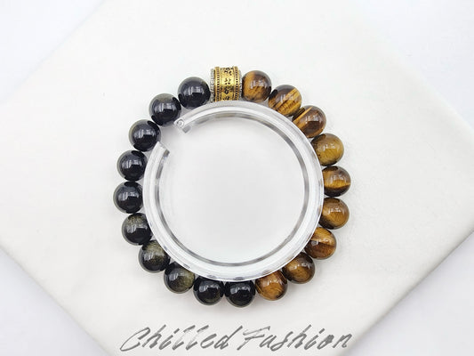[Bracelet] 9mm Gold Sheen Obsidian and Yellow Tiger's Eye Bracelet