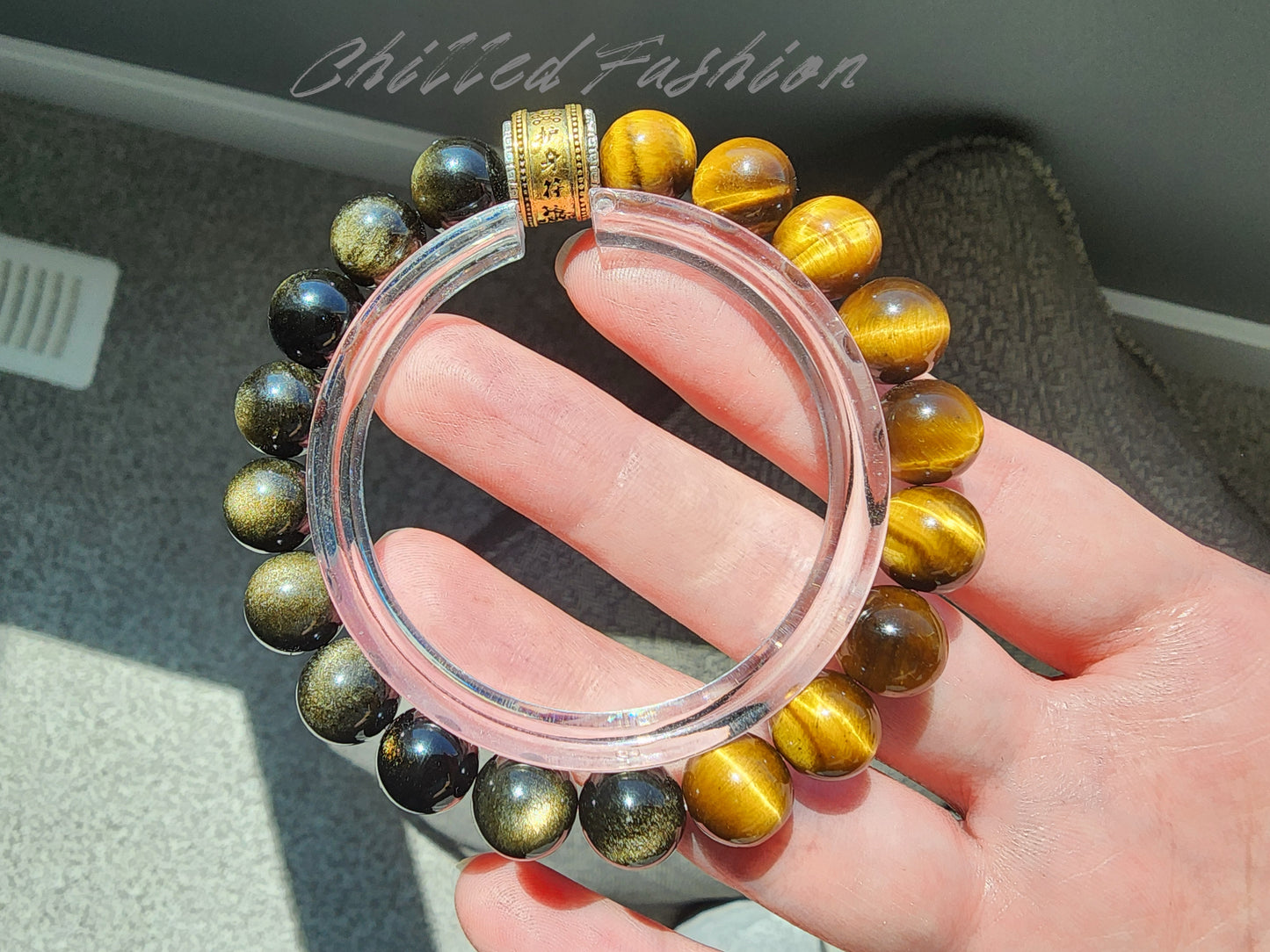 [Bracelet] 9mm Gold Sheen Obsidian and Yellow Tiger's Eye Bracelet