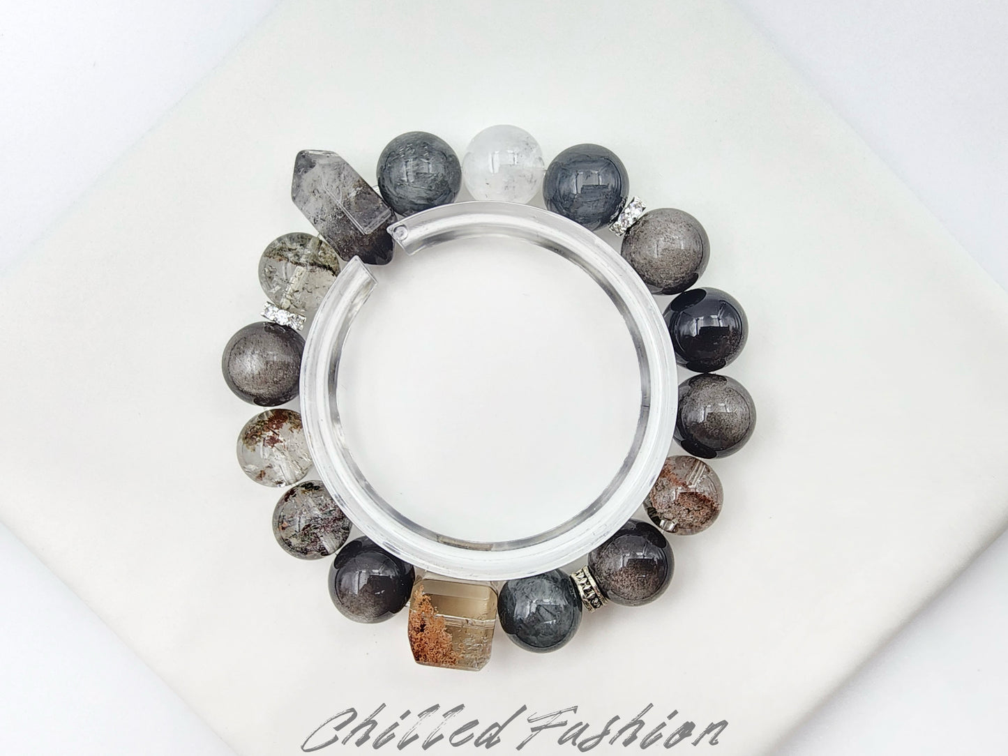 [Bracelet] 12mm Statement Gemstone Bracelet – Hawk’s Eye, Phantom Quartz, Snow Quartz, Silver Sheen Obsidian, and Double Terminated Quartz