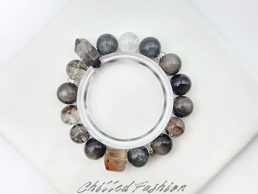 [Bracelet] 12mm Statement Gemstone Bracelet – Hawk’s Eye, Phantom Quartz, Snow Quartz, Silver Sheen Obsidian, and Double Terminated Quartz