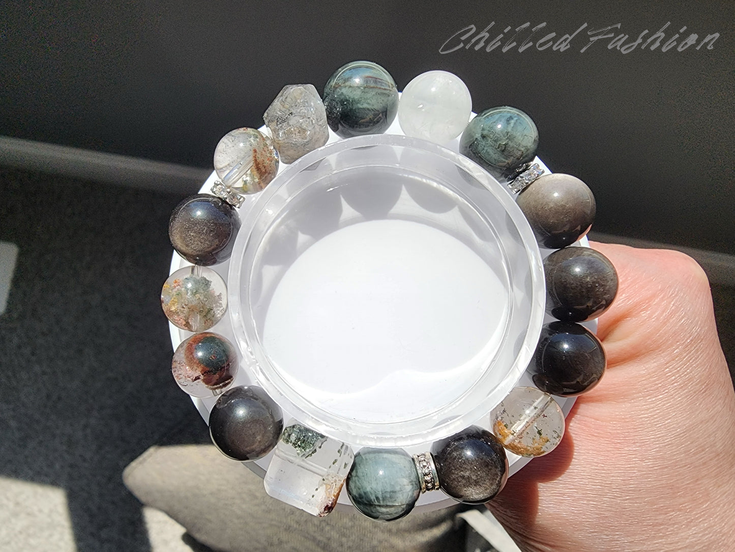 [Bracelet] 12mm Statement Gemstone Bracelet – Hawk’s Eye, Phantom Quartz, Snow Quartz, Silver Sheen Obsidian, and Double Terminated Quartz