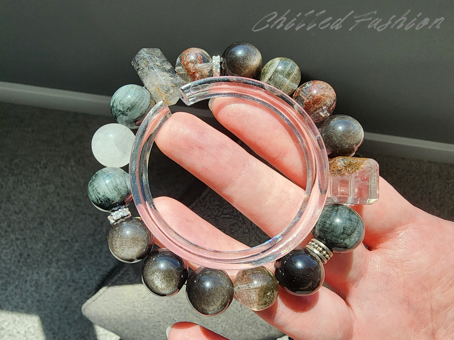 [Bracelet] 12mm Statement Gemstone Bracelet – Hawk’s Eye, Phantom Quartz, Snow Quartz, Silver Sheen Obsidian, and Double Terminated Quartz