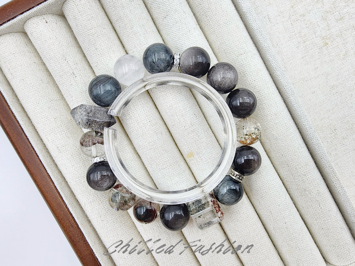 [Bracelet] 12mm Statement Gemstone Bracelet – Hawk’s Eye, Phantom Quartz, Snow Quartz, Silver Sheen Obsidian, and Double Terminated Quartz