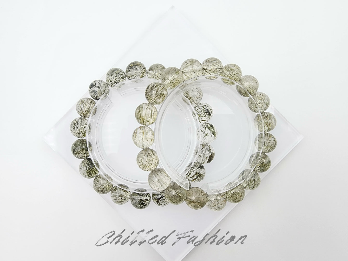 [Bracelet] 10mm Quartz Bracelet with Green Tourmaline Needles - Wealth & Abundance