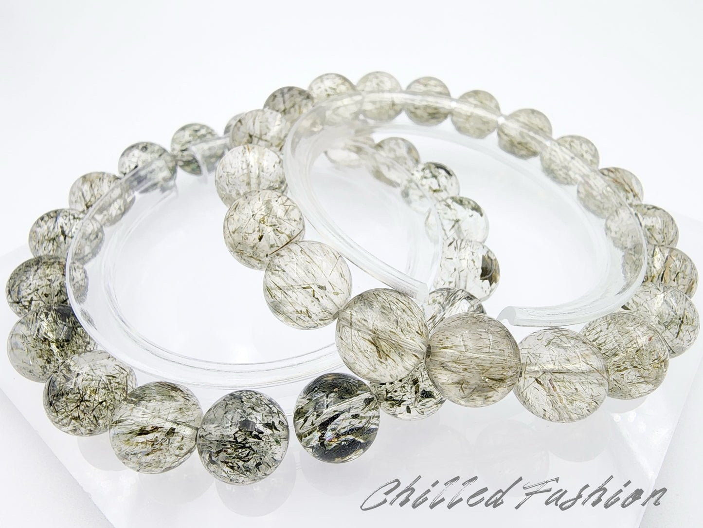 [Bracelet] 10mm Quartz Bracelet with Green Tourmaline Needles - Wealth & Abundance