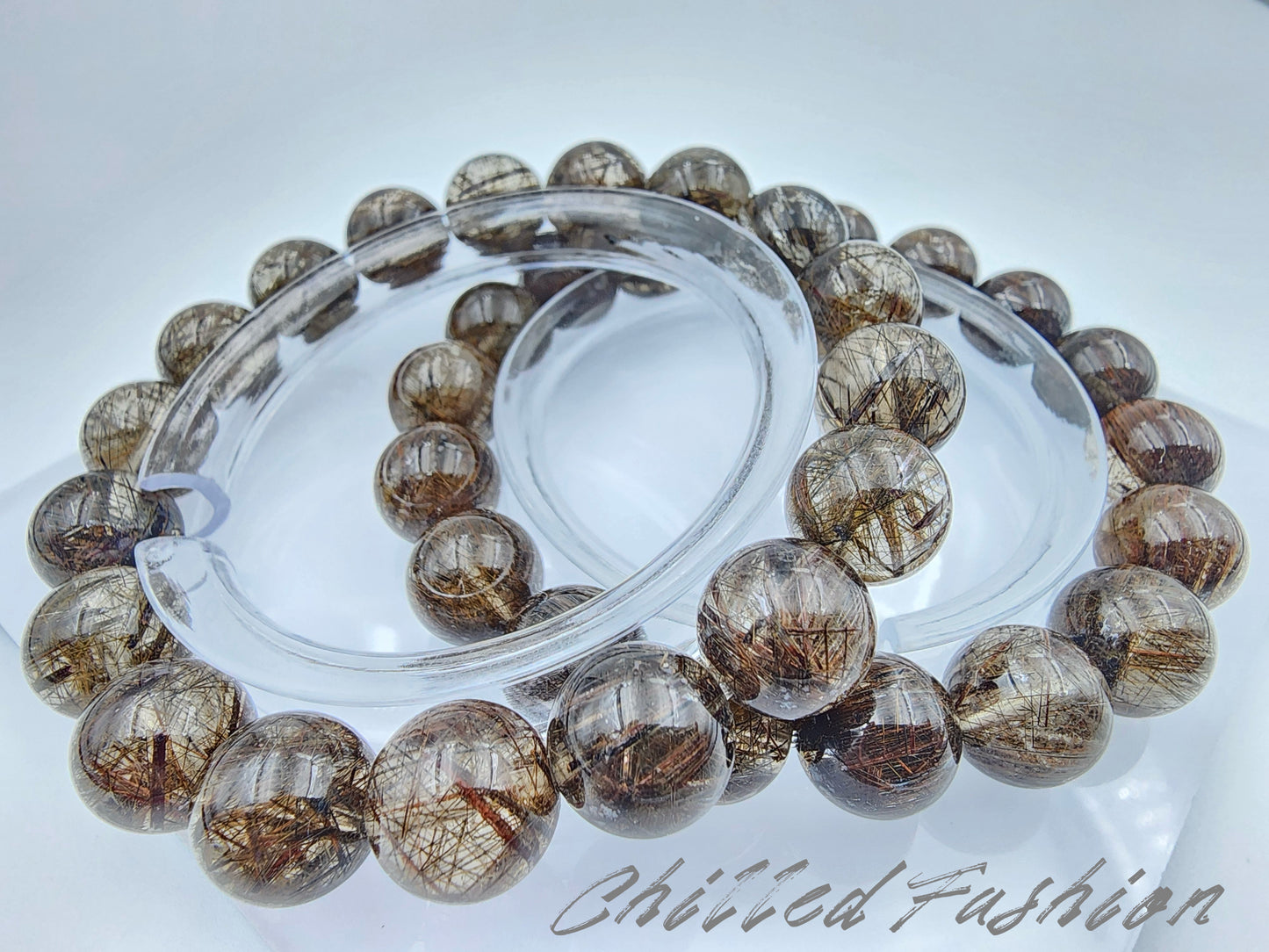 [Bracelet] Elegant 11mm Dual-Tone Bracelet: Golden-Black Rutilated Quartz and Black Copper Rutilated Quartz