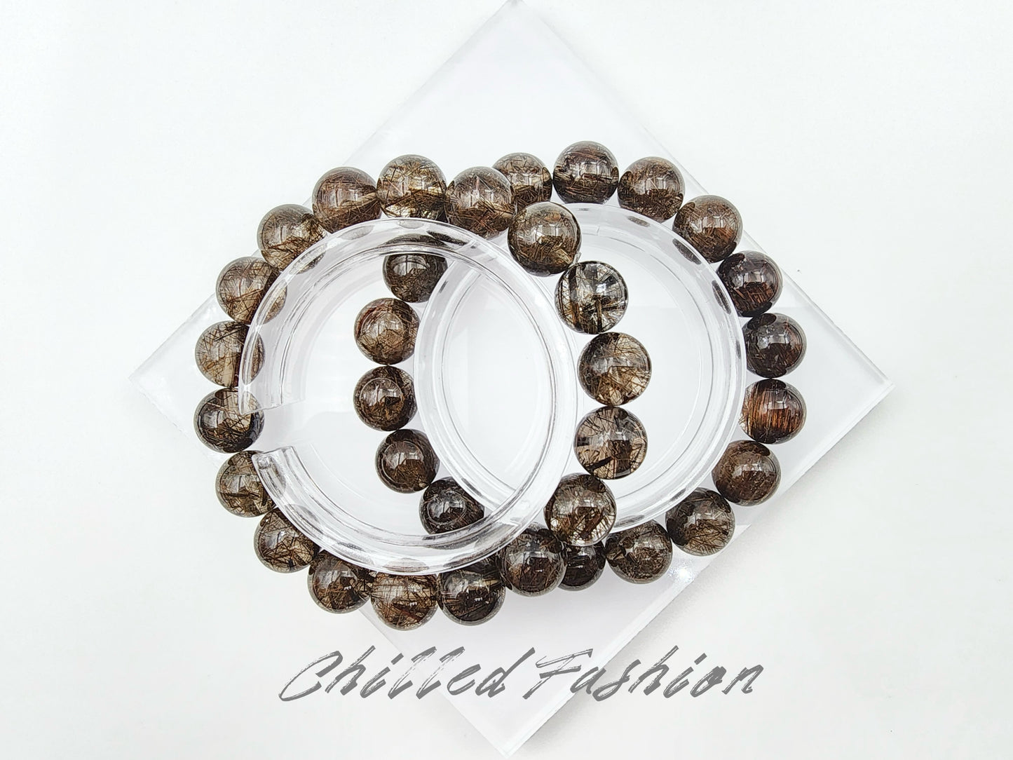 [Bracelet] Elegant 11mm Dual-Tone Bracelet: Golden-Black Rutilated Quartz and Black Copper Rutilated Quartz