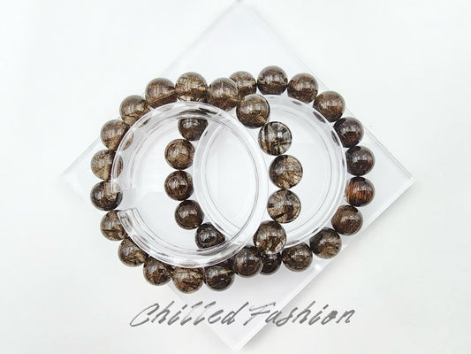 [Bracelet] Elegant 11mm Dual-Tone Bracelet: Golden-Black Rutilated Quartz and Black Copper Rutilated Quartz