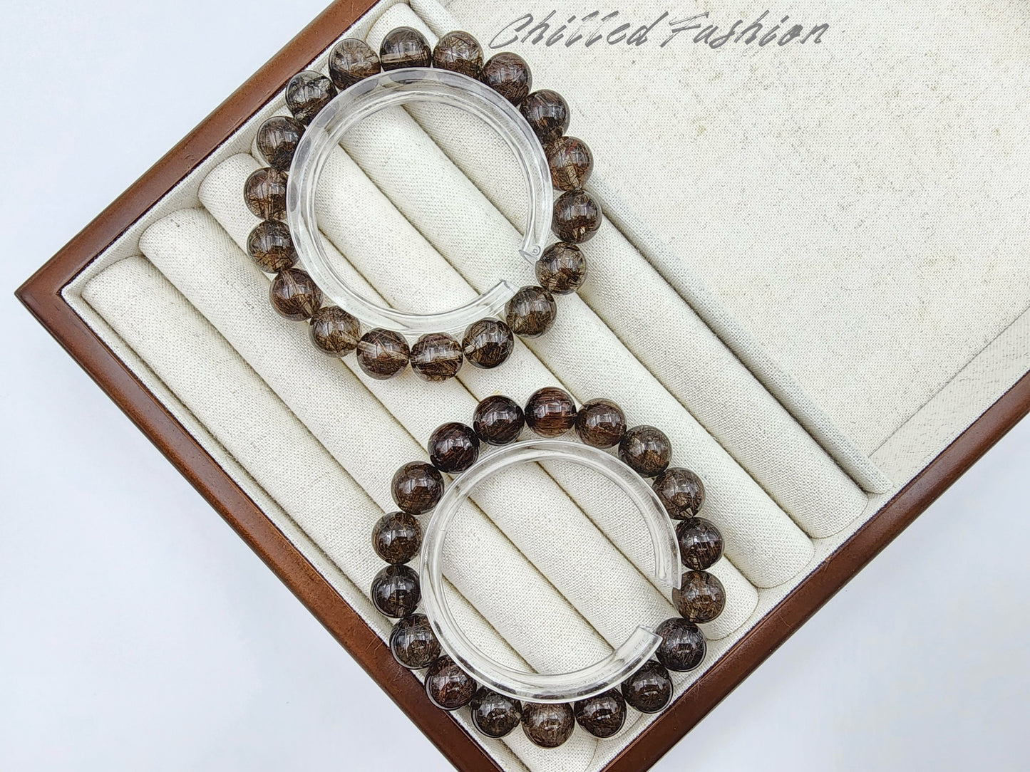 [Bracelet] Elegant 11mm Dual-Tone Bracelet: Golden-Black Rutilated Quartz and Black Copper Rutilated Quartz