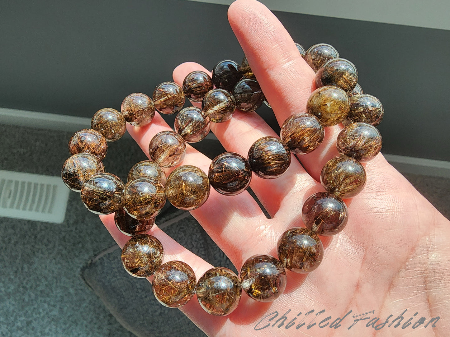 [Bracelet] Elegant 11mm Dual-Tone Bracelet: Golden-Black Rutilated Quartz and Black Copper Rutilated Quartz