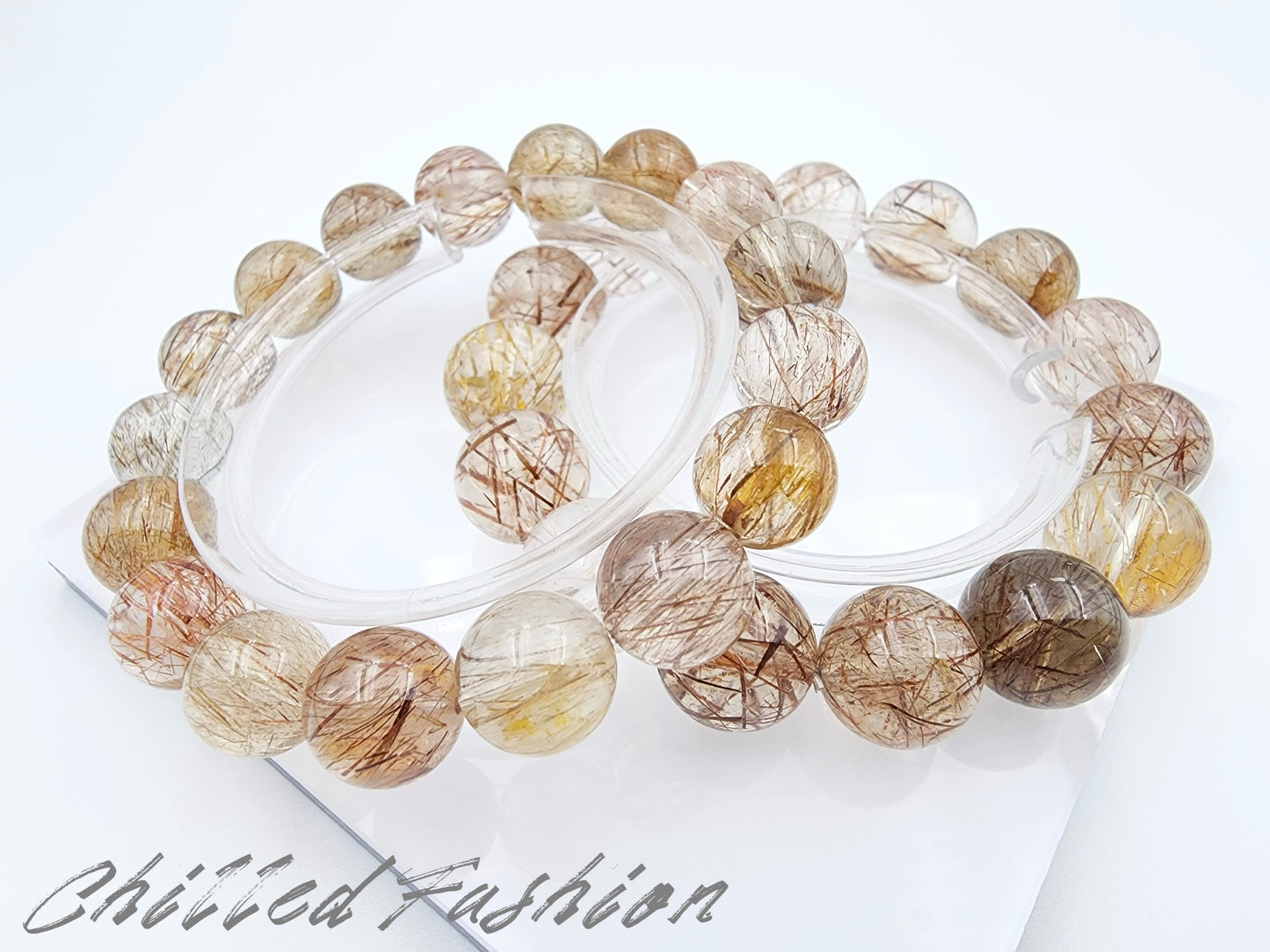 [Bracelet] Rutilate Style Tourmalinated Quartz Bracelet – Natural Multitone Tourmaline Threads