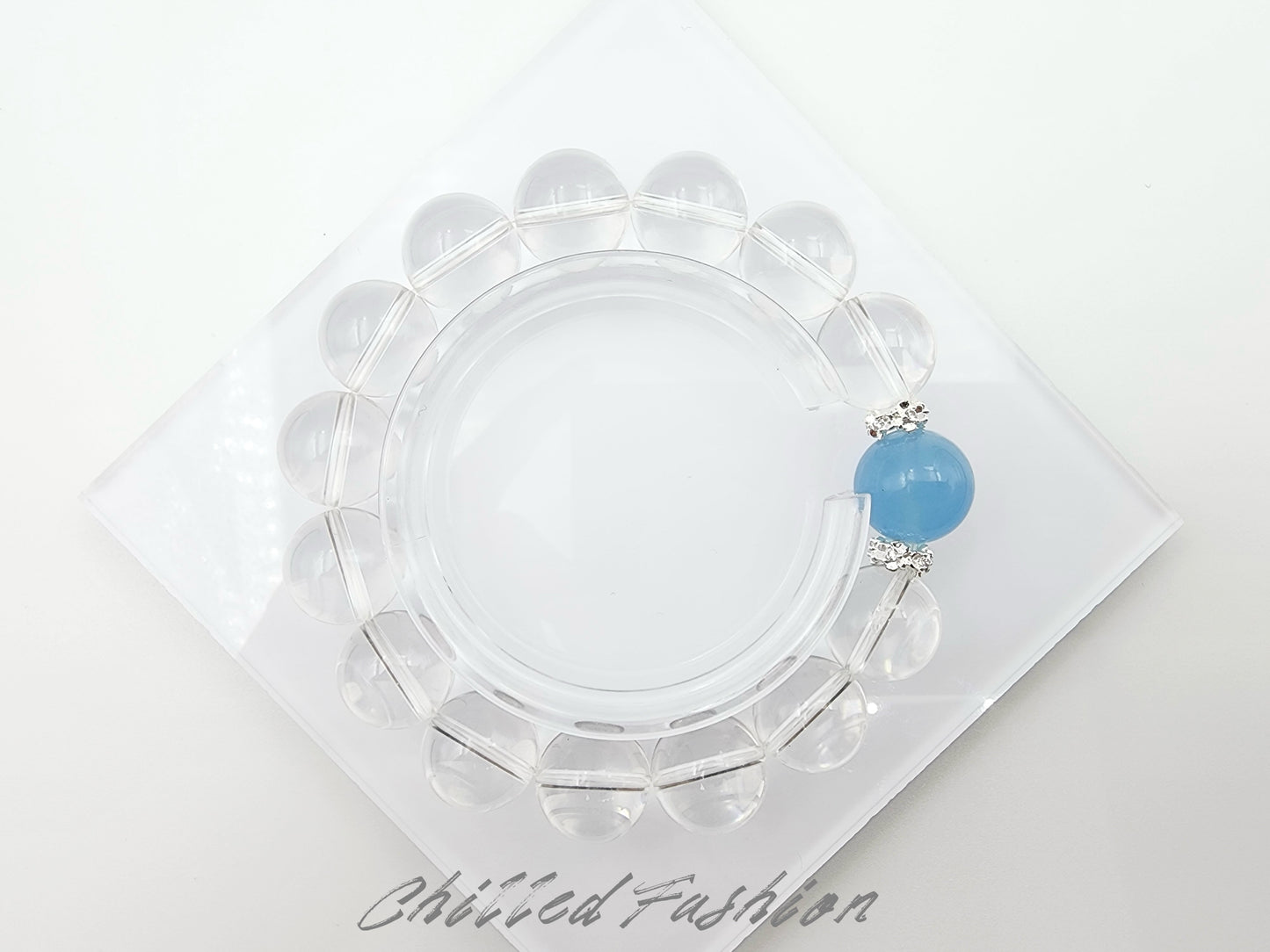 [Bracelet] 14mm Clear Quartz Bracelet with Aquamarine Accent