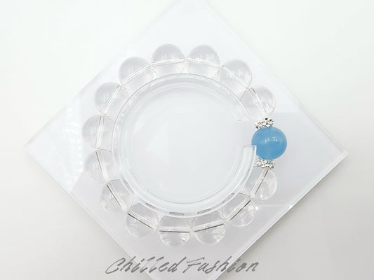 [Bracelet] 14mm Clear Quartz Bracelet with Aquamarine Accent