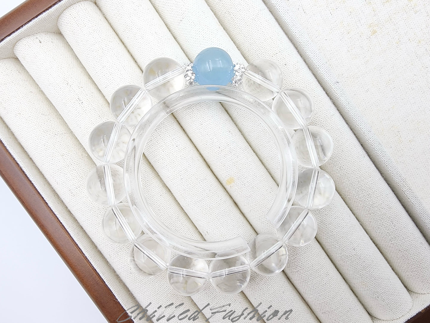 [Bracelet] 14mm Clear Quartz Bracelet with Aquamarine Accent