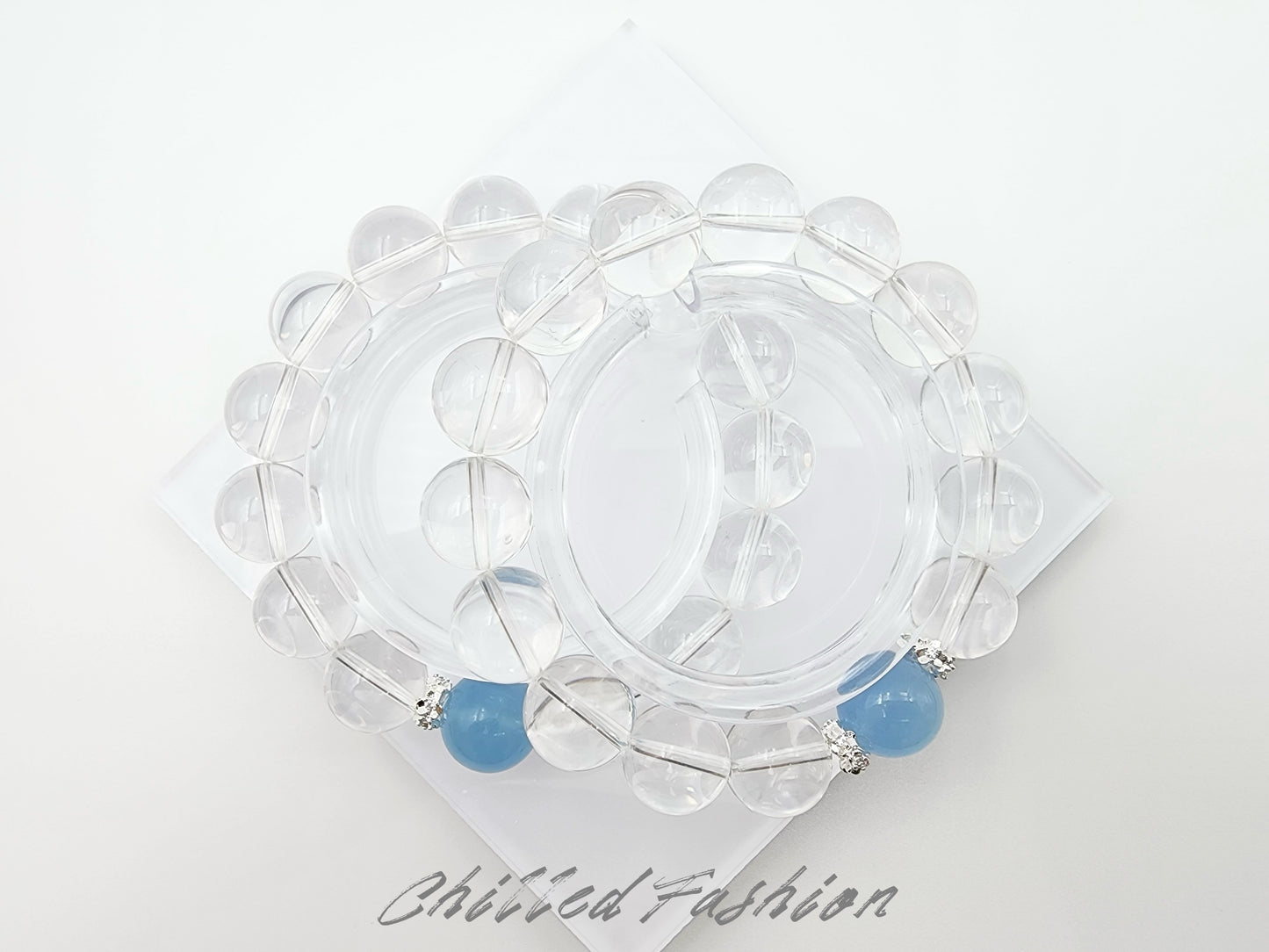 [Bracelet] 14mm Clear Quartz Bracelet with Aquamarine Accent