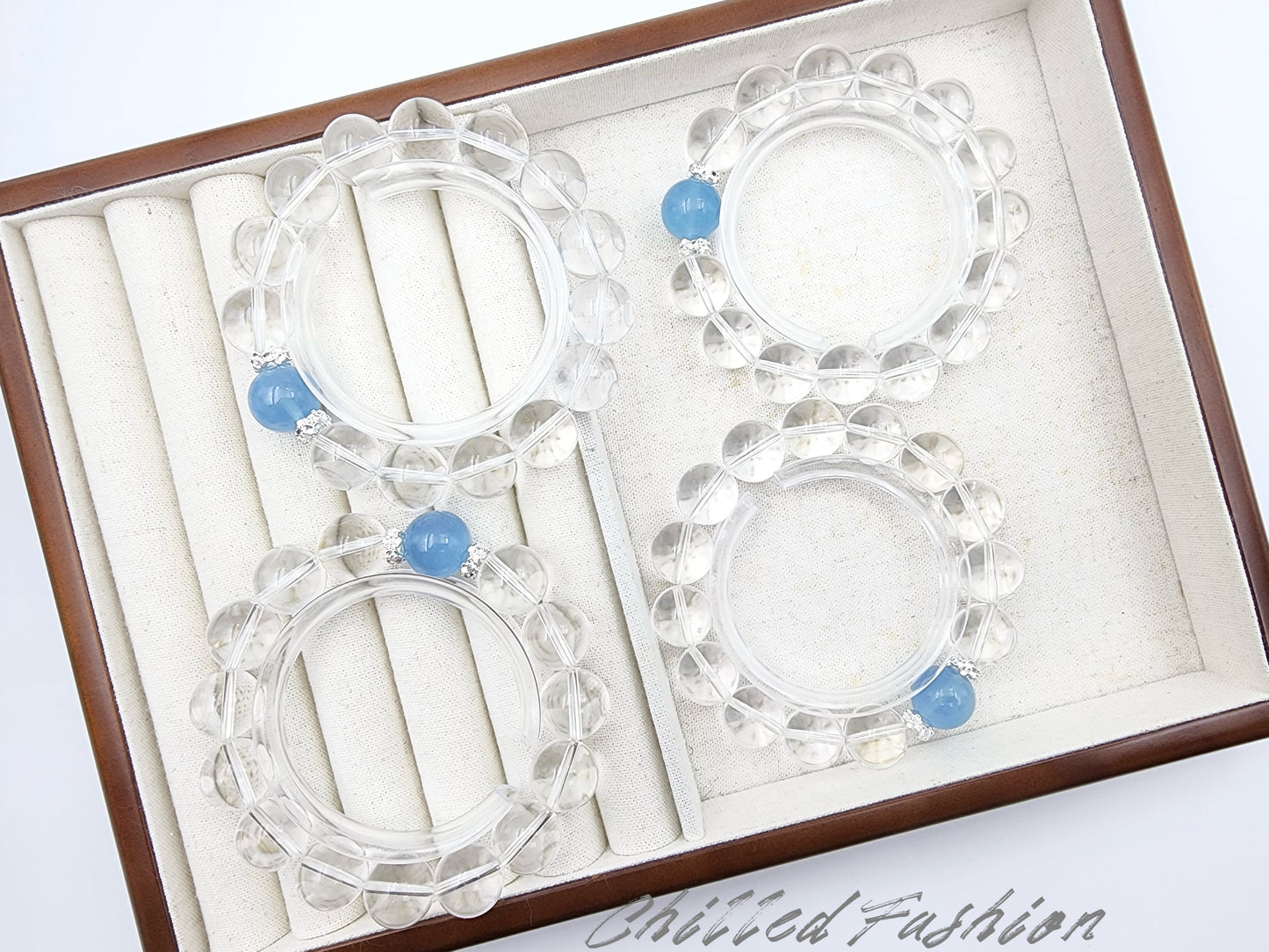 [Bracelet] 14mm Clear Quartz Bracelet with Aquamarine Accent
