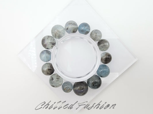 [Bracelet] Black Flash Aquamarine Gemstone Bracelet - 17mm to 12.1mm Beads