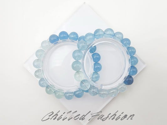 [Bracelet] Natural 10mm Aquamarine Bracelet with Gradient Blue Round Beads