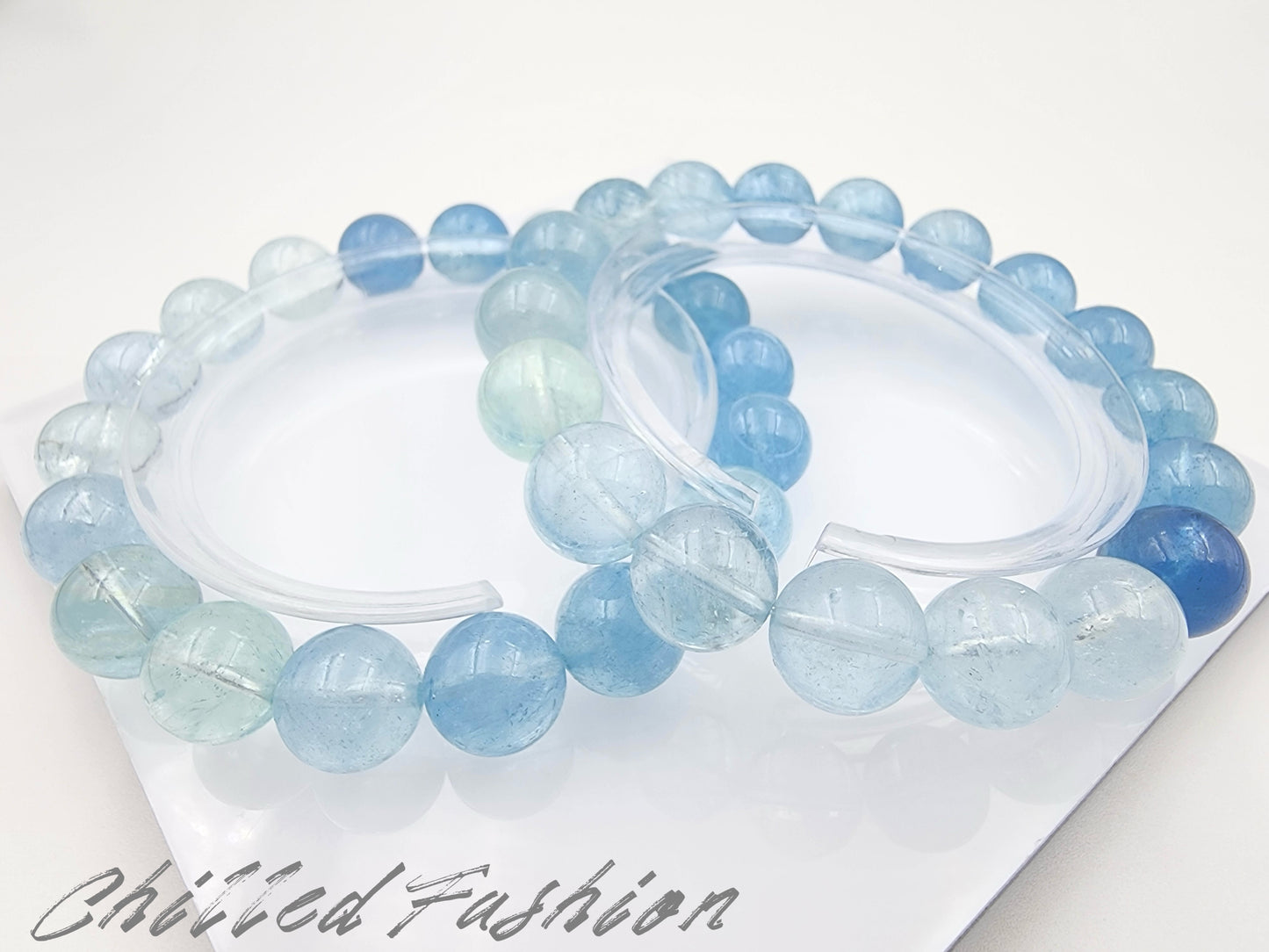[Bracelet] Natural 10mm Aquamarine Bracelet with Gradient Blue Round Beads