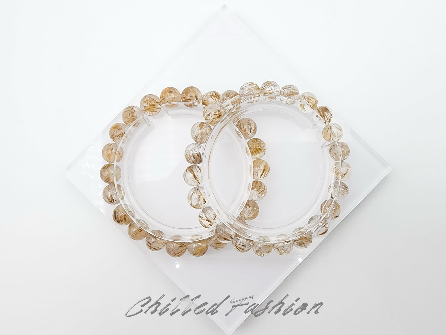 [Bracelet] 8mm Titanium Quartz Bracelet with Feather-Like Golden Rutile