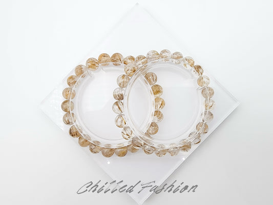 [Bracelet] 8mm Titanium Quartz Bracelet with Feather-Like Golden Rutile