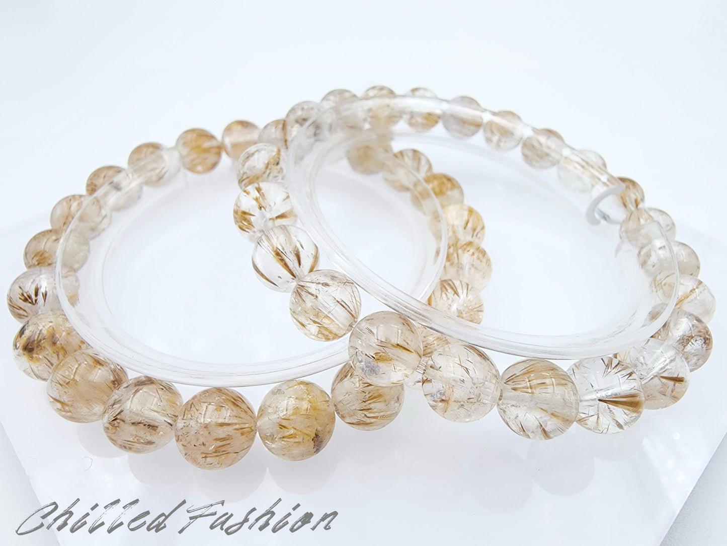 [Bracelet] 8mm Titanium Quartz Bracelet with Feather-Like Golden Rutile