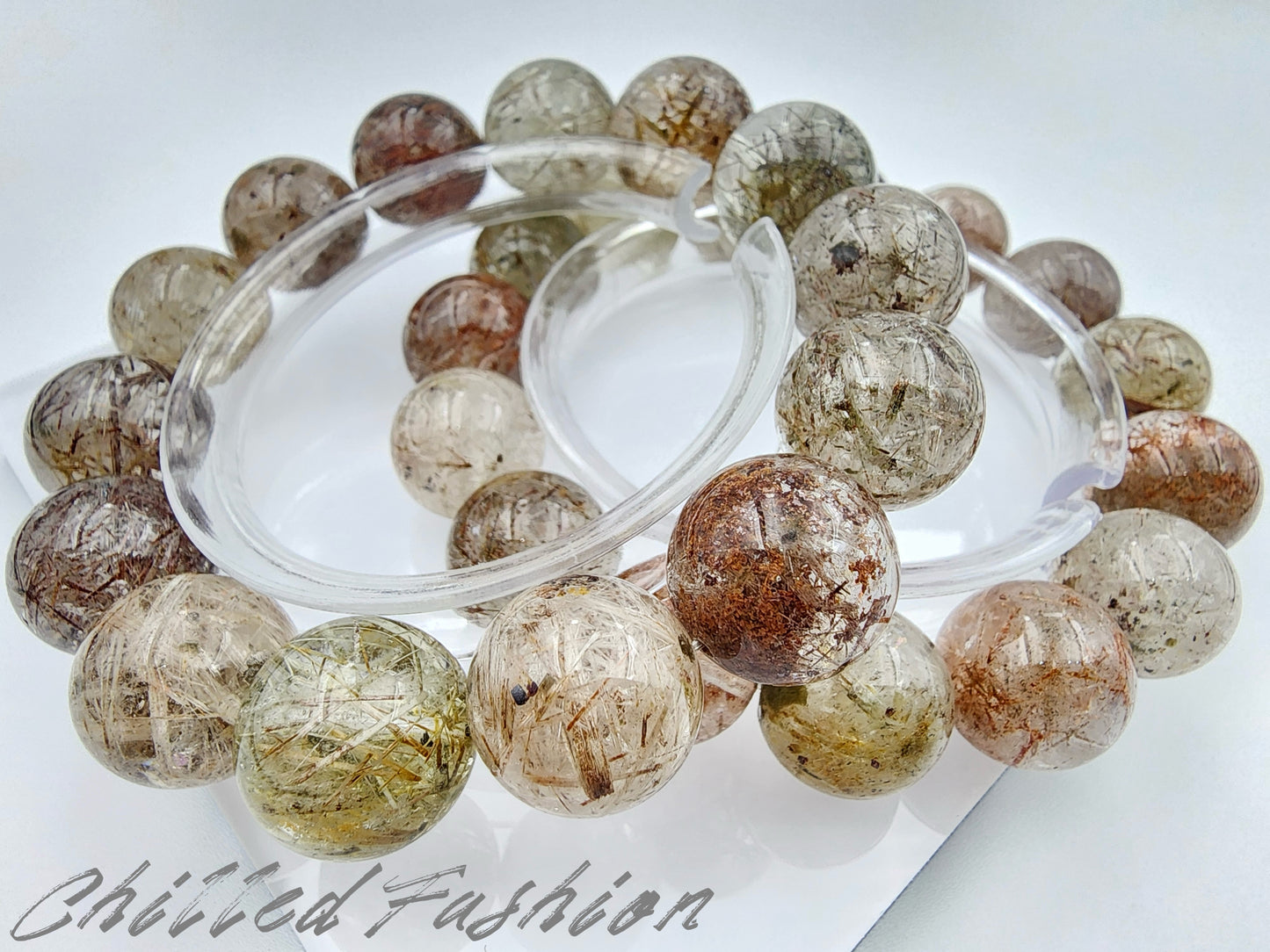 [Bracelet] 15mm Colorful Snow Frost Rutilated Quartz Bracelet