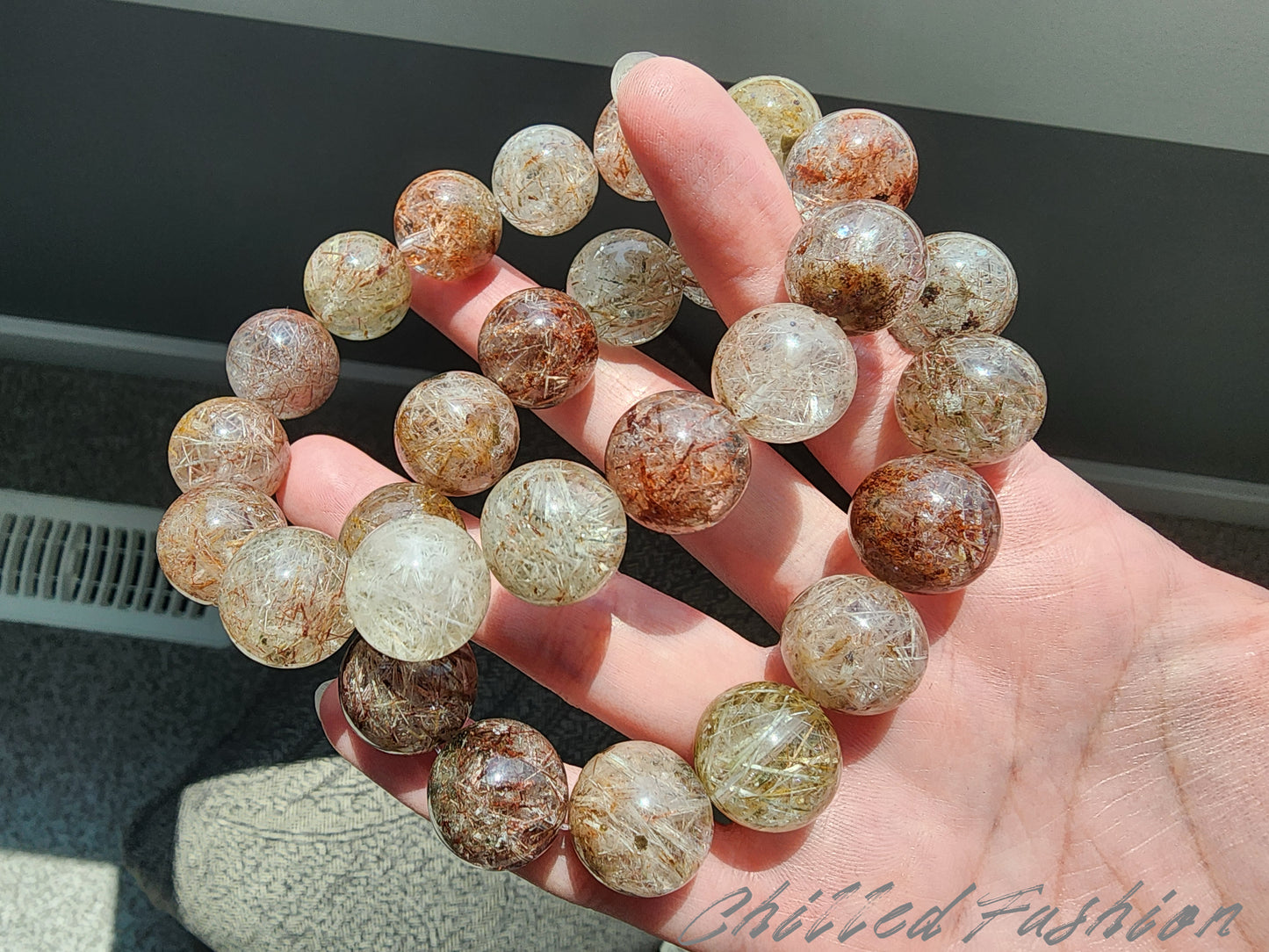 [Bracelet] 15mm Colorful Snow Frost Rutilated Quartz Bracelet