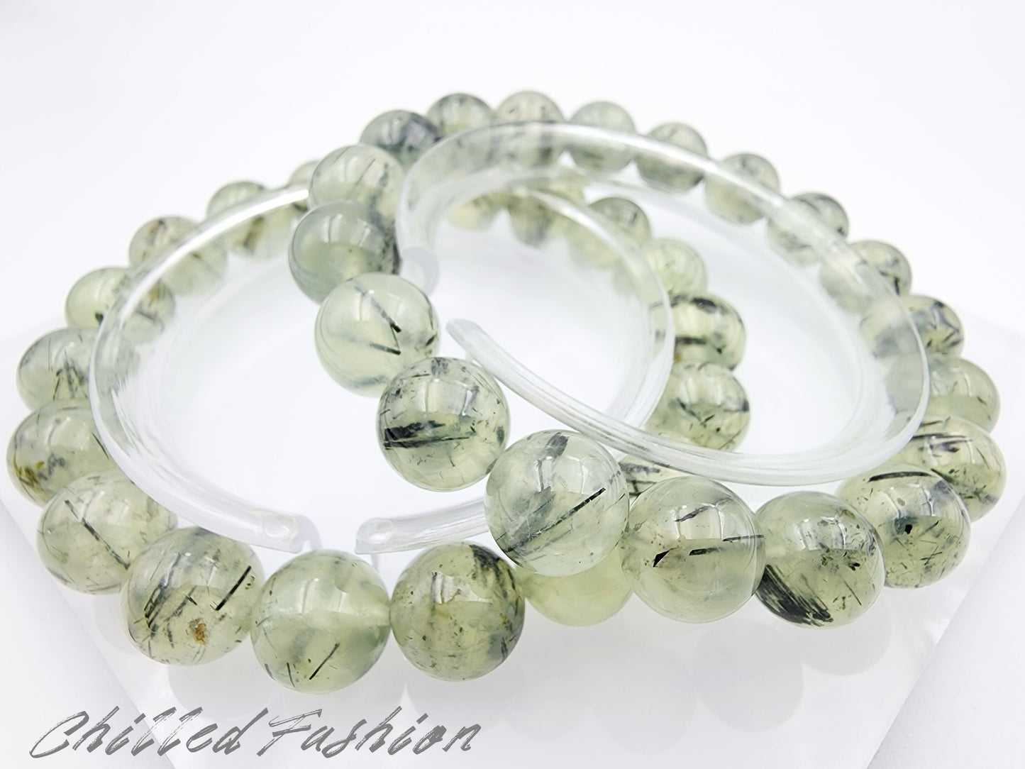 [Bracelet] Natural Prehnite with Black Rutiles Bracelet